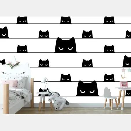 Fotomural patrón de gatos asomados en blanco y negro – Pixers®
