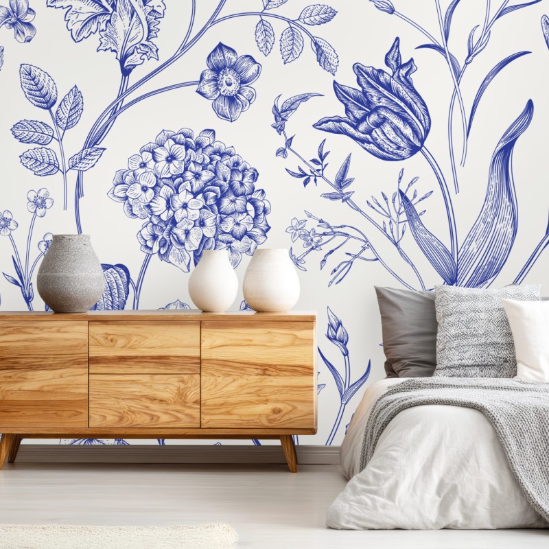 Fotomural estampado floral clásico en azul y marfil