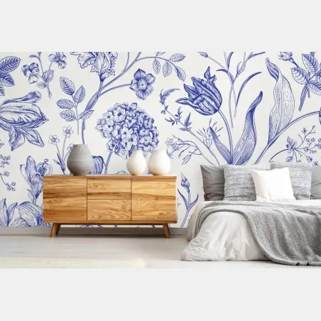 Fotomural estampado floral clásico en azul y marfil – Pixers®