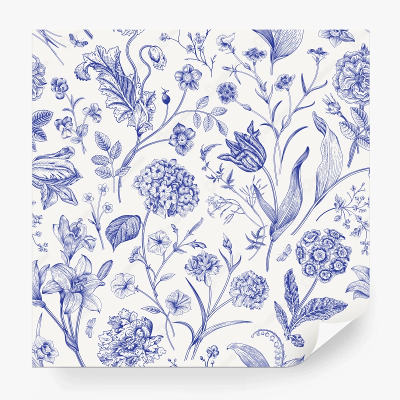 Fotomural estampado floral clásico en azul y marfil