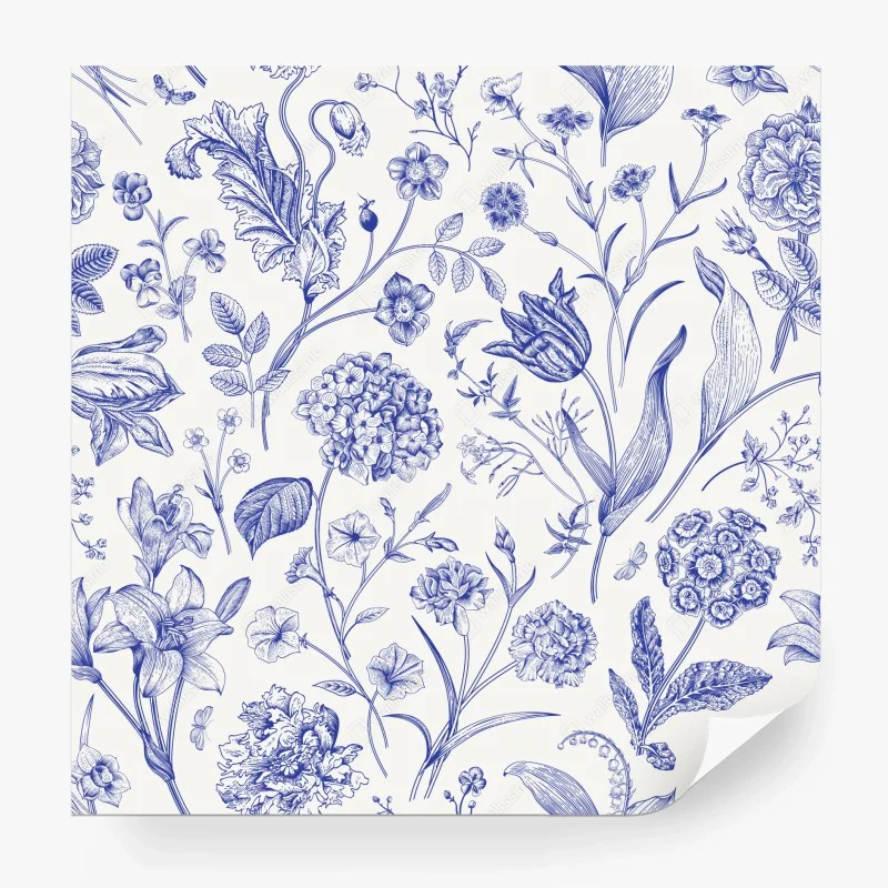 Fotomural estampado floral clásico en azul y marfil