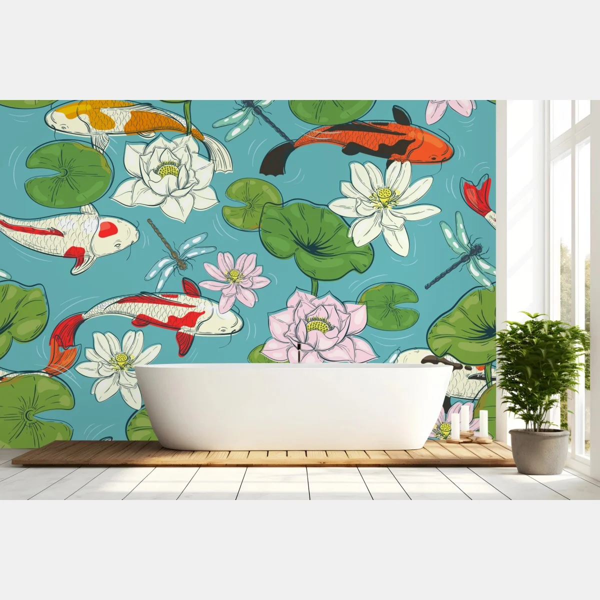 Fotomural escena de carpas koi y flores de loto sobre estanque – Pixers® Fotomural escena de carpas koi y flores de loto sobre estanque – Pixers®