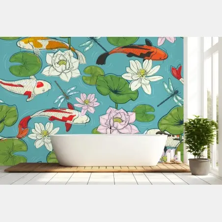 Fotomural escena de carpas koi y flores de loto sobre estanque – Pixers®