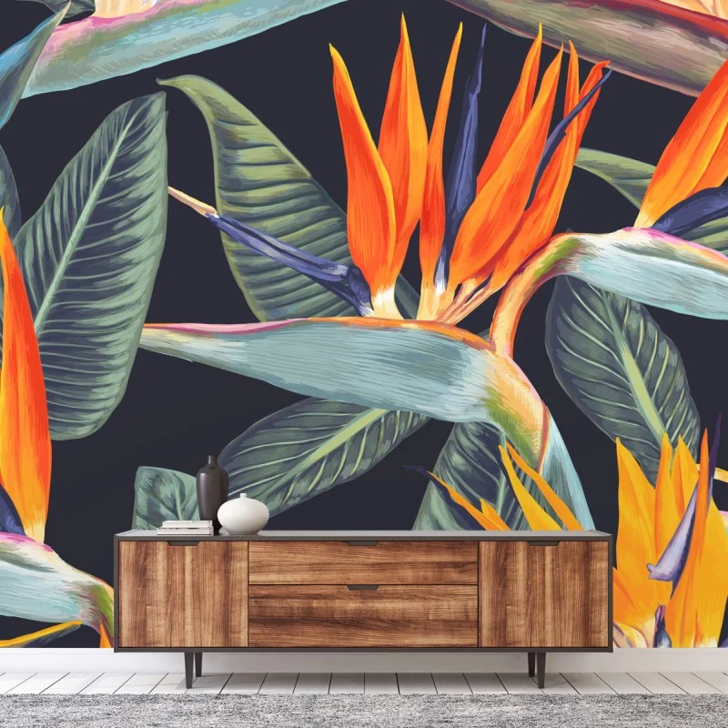 Fotomural diseño tropical de ave del paraíso en tonos vibrantes