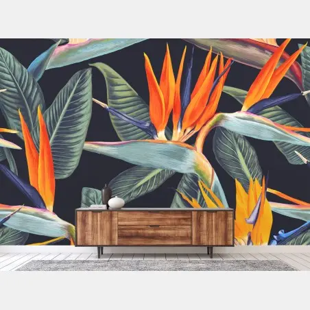Fotomural diseño tropical de ave del paraíso en tonos vibrantes – Pixers®