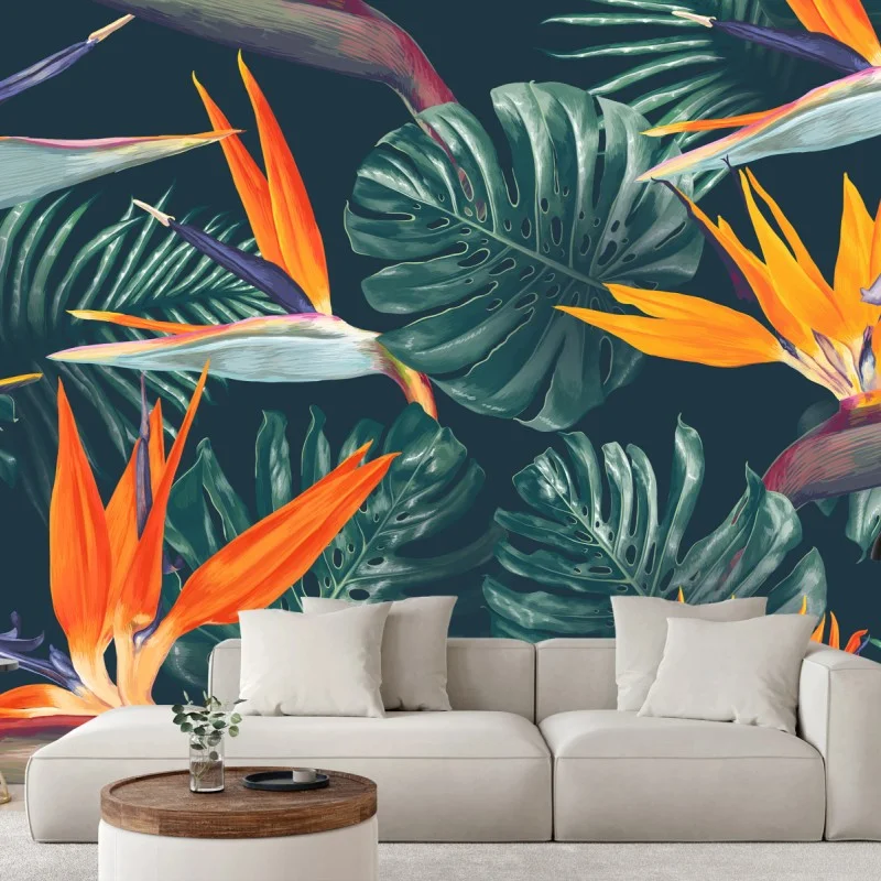 Fotomural arte botánico tropical con aves del paraíso