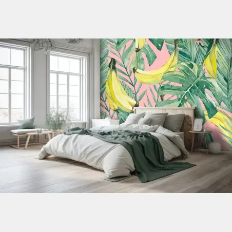 Fotomural hojas tropicales y bananas en acuarela sobre fondo rosa – Pixers®