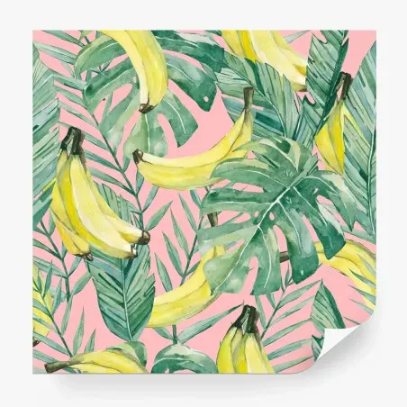 Fotomural hojas tropicales y bananas en acuarela sobre fondo rosa – Pixers®