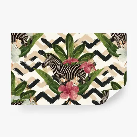 Fotomural diseño tropical vintage con cebras e hibiscos – Pixers®