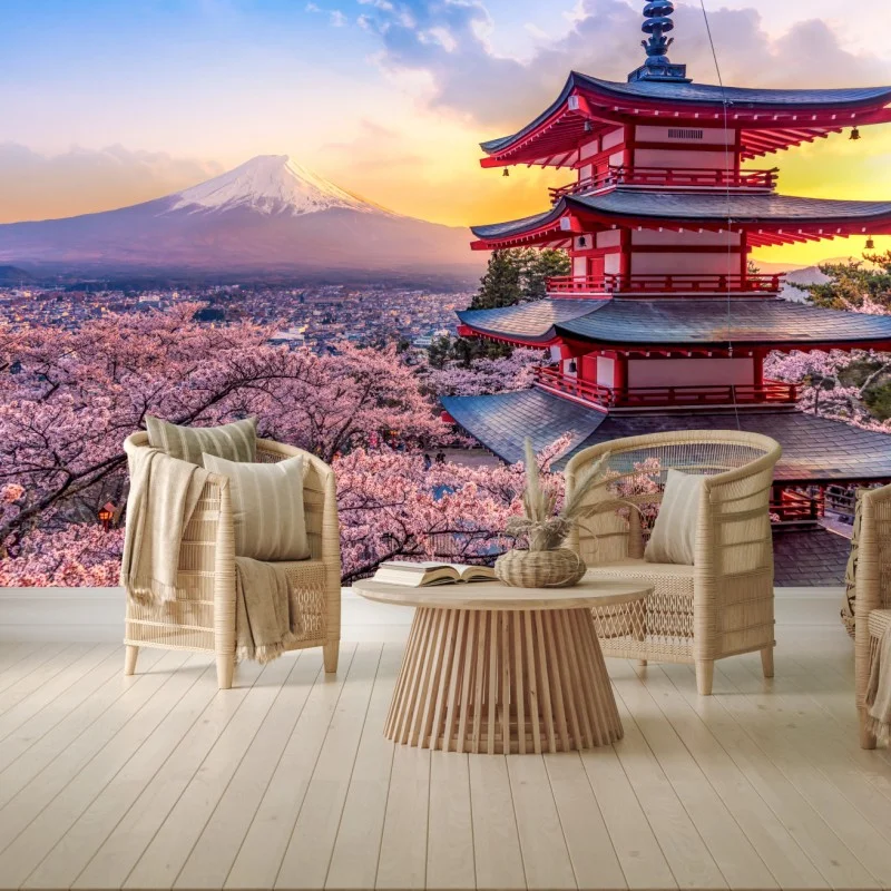 Fotomural panorama de Chureito y Monte Fuji entre cerezos en flor