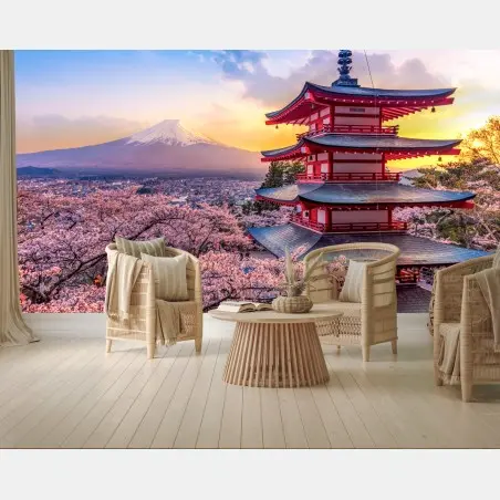 Fotomural panorama de Chureito y Monte Fuji entre cerezos en flor – Pixers®