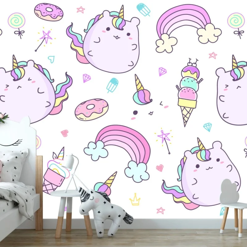 Fotomural diseño infantil de unicornios kawaii y arcoíris
