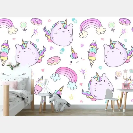 Fotomural diseño infantil de unicornios kawaii y arcoíris – Pixers®
