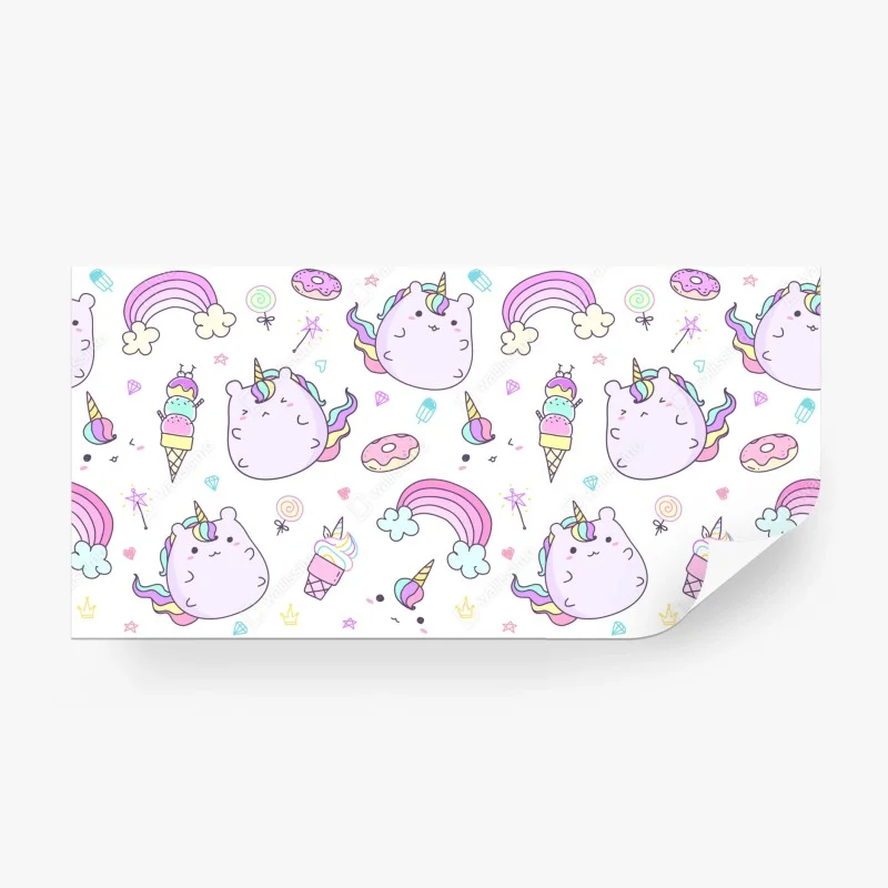 Fotomural diseño infantil de unicornios kawaii y arcoíris