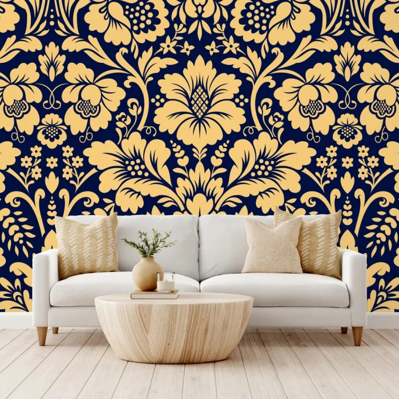 Fotomural damasco floral elegante en azul marino y dorado
