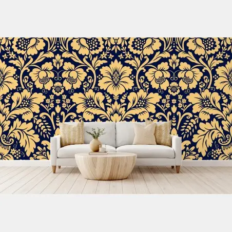 Fotomural damasco floral elegante en azul marino y dorado – Pixers®