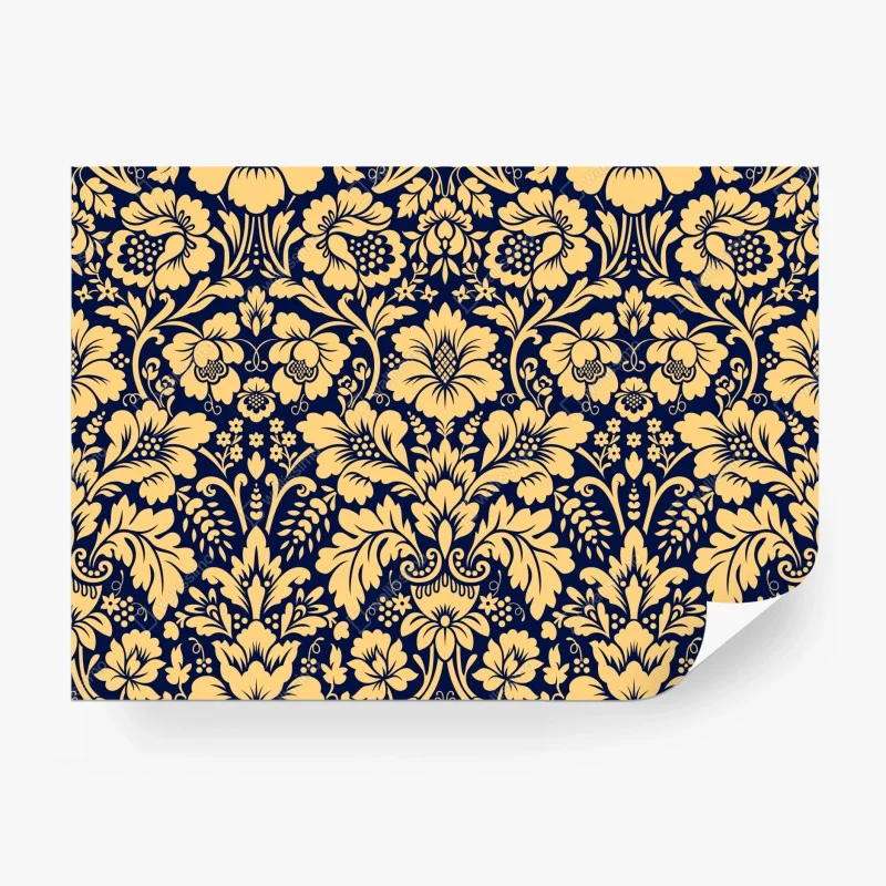 Fotomural damasco floral elegante en azul marino y dorado