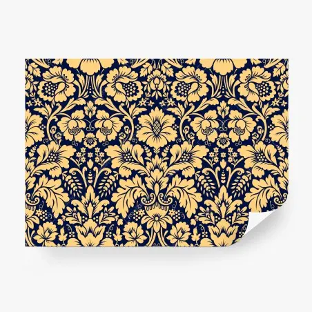 Fotomural damasco floral elegante en azul marino y dorado – Pixers®
