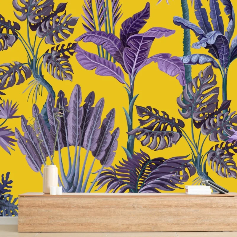 Fotomural estampado tropical vintage en morado sobre fondo amarillo