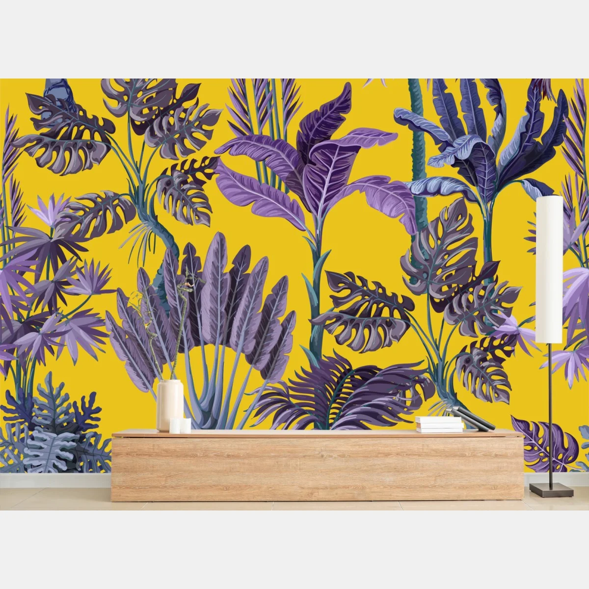 Fotomural estampado tropical vintage en morado sobre fondo amarillo – Pixers® Fotomural estampado tropical vintage en morado sobre fondo amarillo – Pixers®