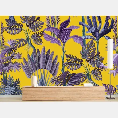 Fotomural estampado tropical vintage en morado sobre fondo amarillo – Pixers®