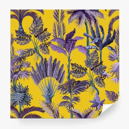 Fotomural estampado tropical vintage en morado sobre fondo amarillo – Pixers®