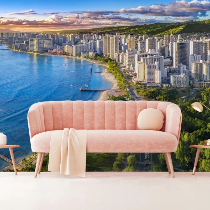Fotomural vista panorámica de Waikiki al atardecer