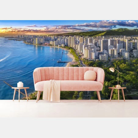 Fotomural vista panorámica de Waikiki al atardecer – Pixers®