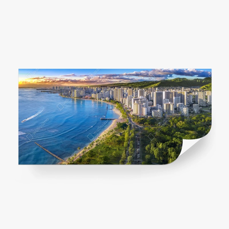 Fotomural vista panorámica de Waikiki al atardecer