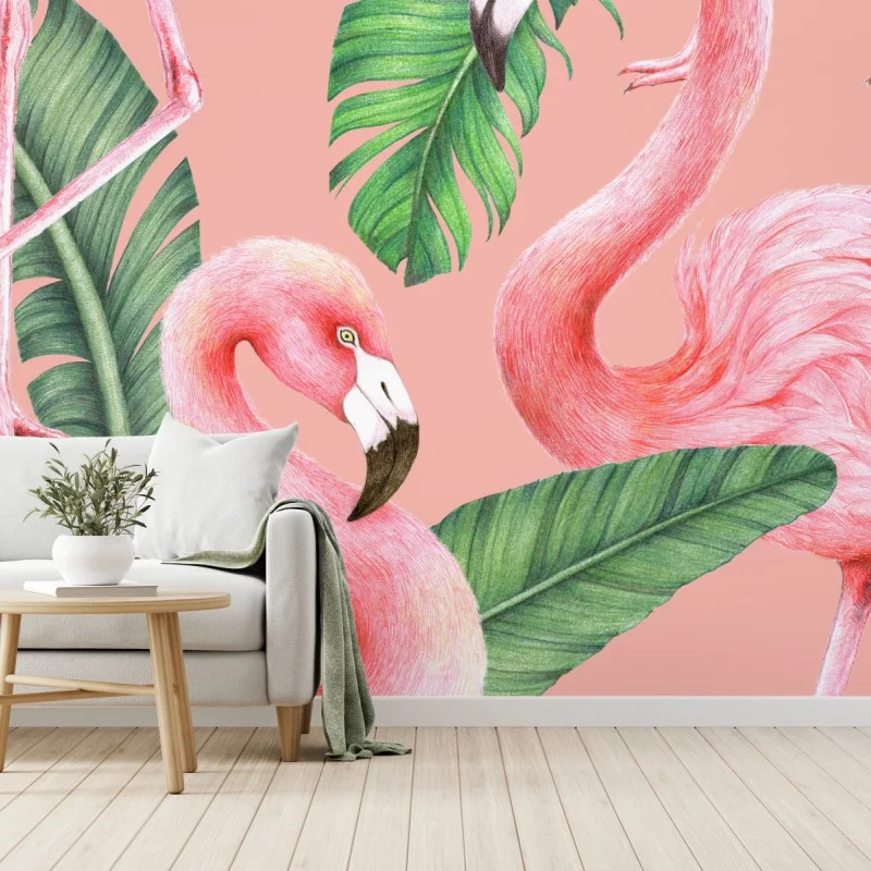 Fotomural patrón tropical de flamencos en tonos rosa