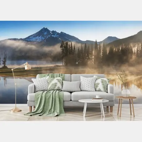 Fotomural amanecer sereno en lago de montaña con reflejos – Pixers®