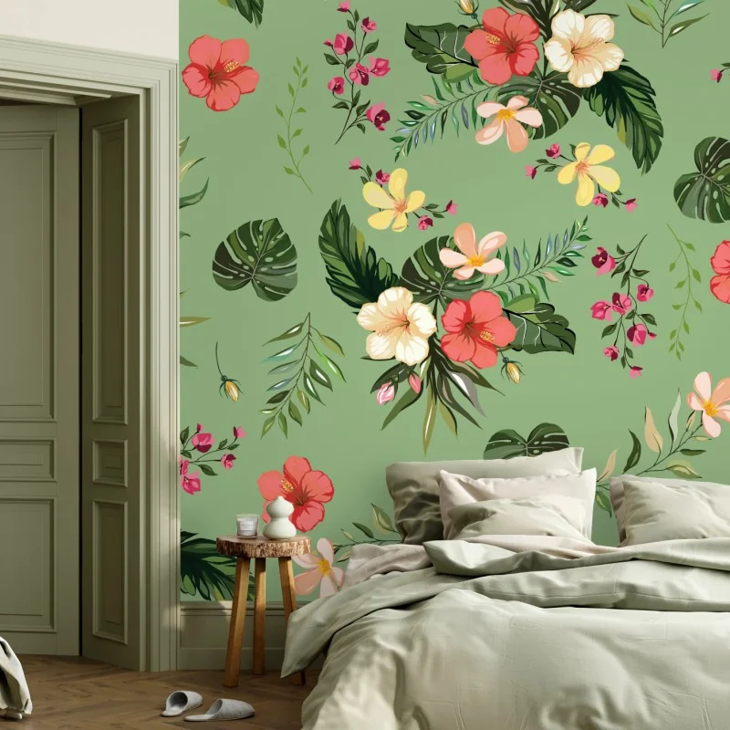 Fotomural diseño tropical de flores y hojas sobre fondo verde