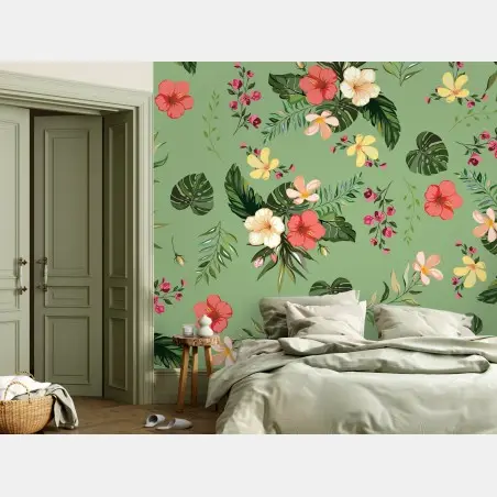 Fotomural diseño tropical de flores y hojas sobre fondo verde – Pixers®