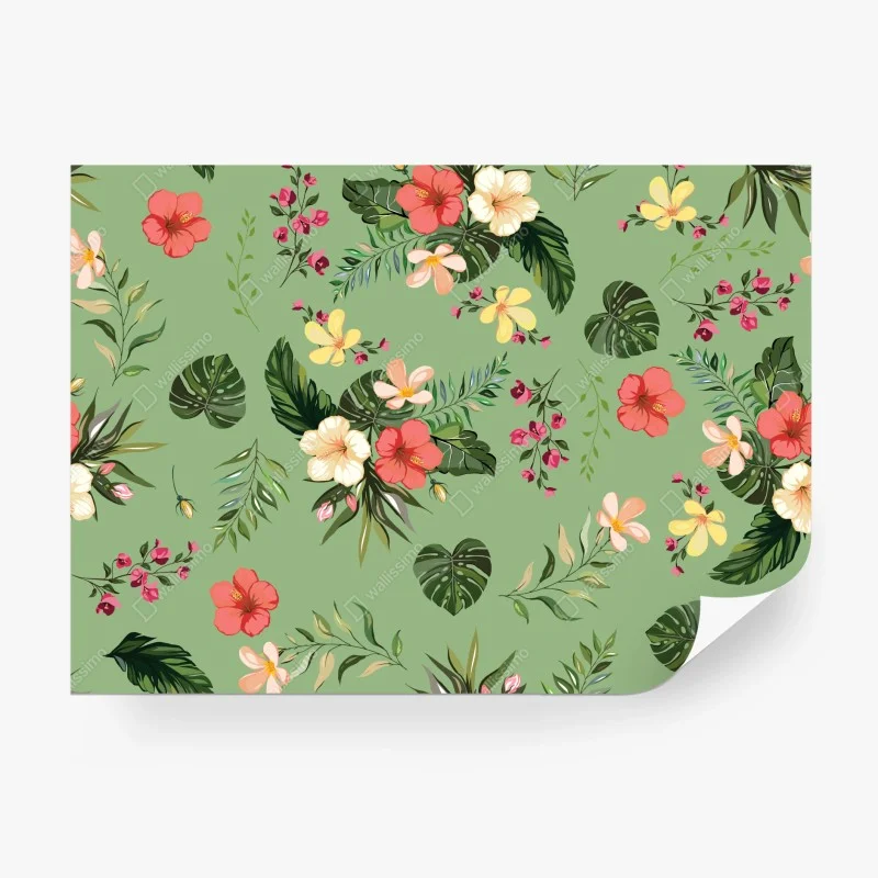Fotomural diseño tropical de flores y hojas sobre fondo verde