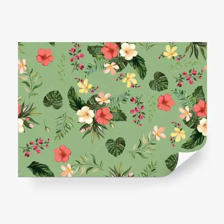 Fotomural diseño tropical de flores y hojas sobre fondo verde – Pixers®