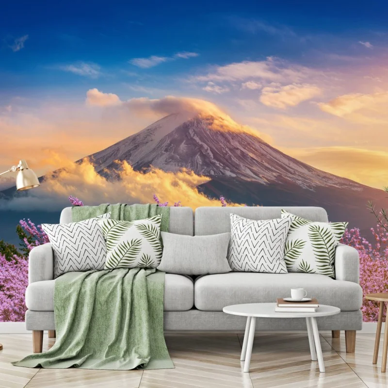 Fotomural amanecer en Monte Fuji con cerezos en flor