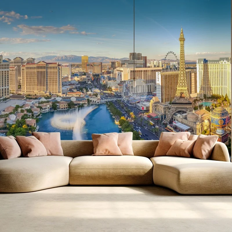 Fotomural panorámica de Las Vegas con las fuentes y la Torre Eiffel