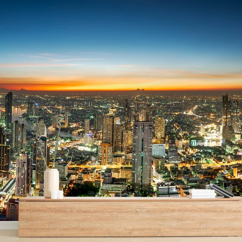 Fotomural panorama nocturno de Bangkok sobre el río Chaopraya