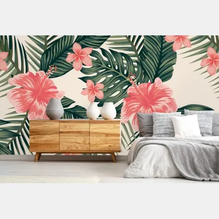 Fotomural composición tropical de hibisco y hojas verdes – Pixers®
