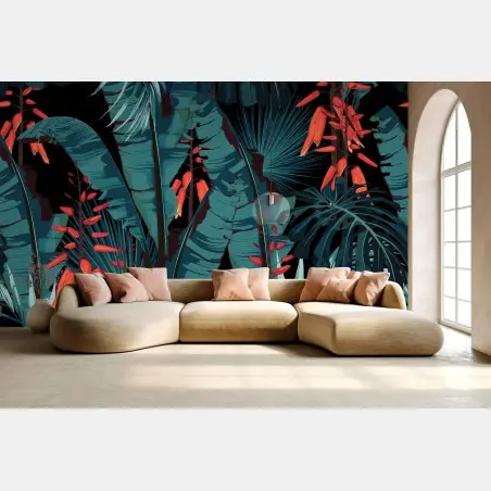 Fotomural follaje tropical azul con flores rojas – Pixers®