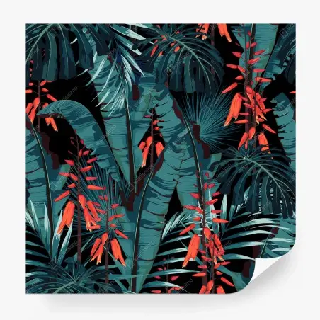 Fotomural follaje tropical azul con flores rojas – Pixers®