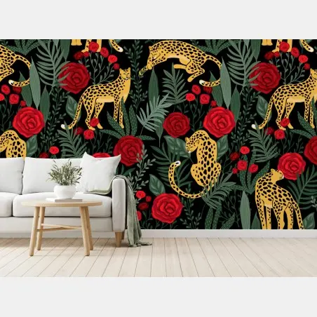 Fotomural guepardos dorados entre rosas rojas y follaje tropical – Pixers®