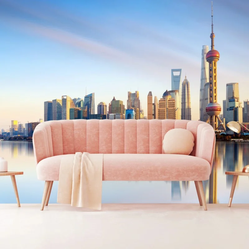 Fotomural horizonte moderno de Shanghai al amanecer