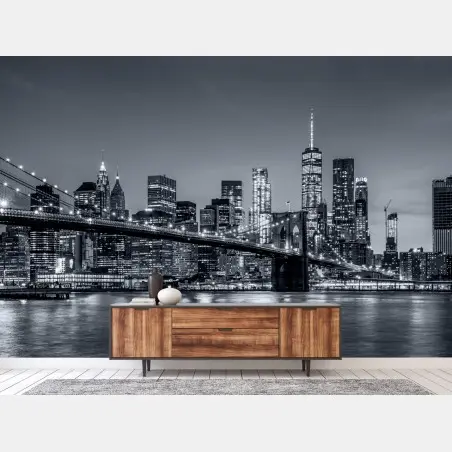 Fotomural panorama nocturno de Nueva York: Manhattan y puente de Brooklyn – Pixers®