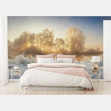 Fotomural amanecer dorado en paisaje invernal – Pixers®