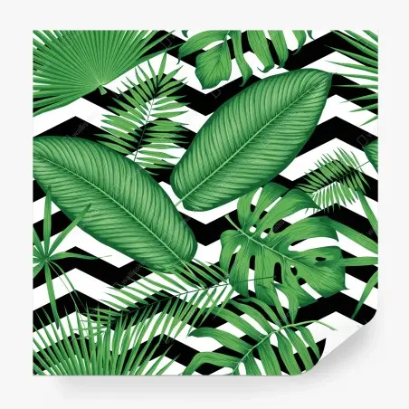 Fotomural follaje tropical sobre patrón zigzag blanco y negro – Pixers®