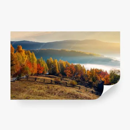 Fotomural amanecer otoñal en las montañas con niebla – Pixers®