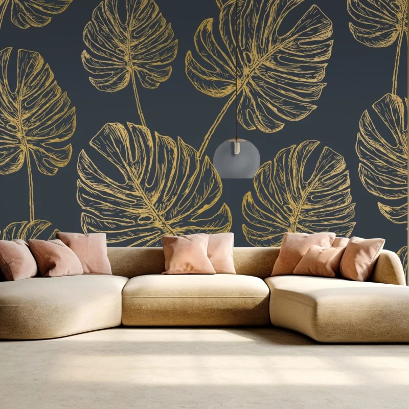 Fotomural decoración botánica con hojas de monstera doradas