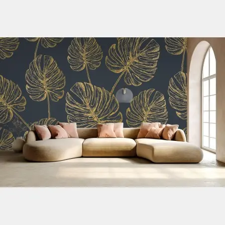 Fotomural decoración botánica con hojas de monstera doradas – Pixers®