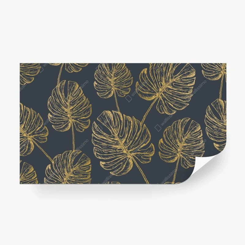 Fotomural decoración botánica con hojas de monstera doradas